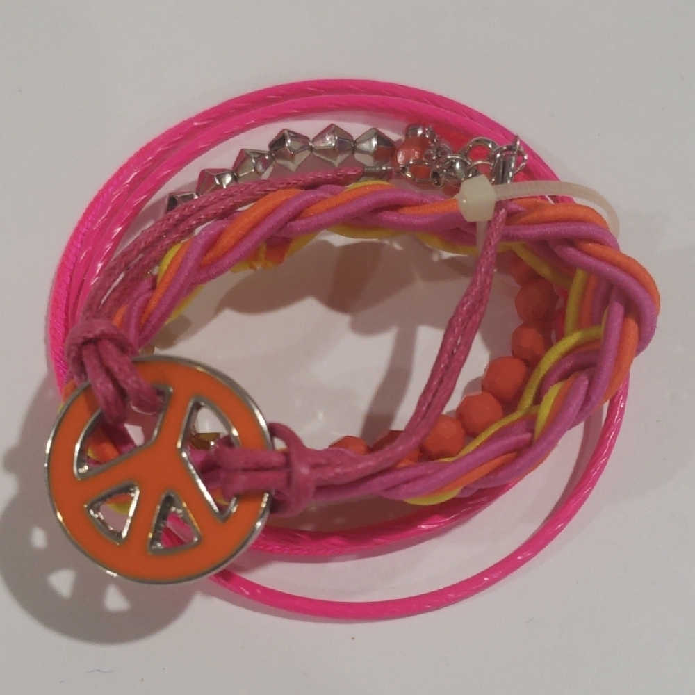 Set of 6 Colorful Mix Bangle & Stretch Bracelets with a Vibrant Peace Sign